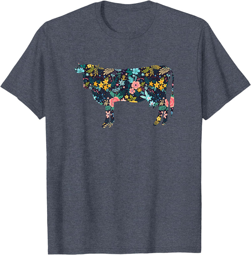 Cow Floral Silhouette Cattle Farm Lover Floral Cow Silhouette Womens Girls Cow Farm Animal T-Shirt - Heather Blue