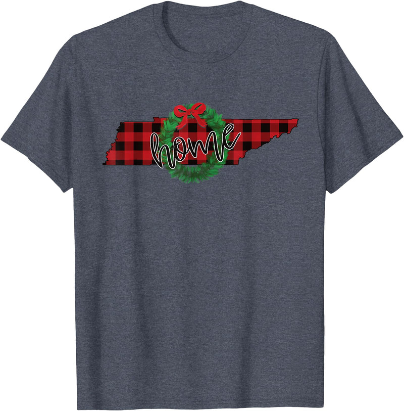 USA State Tennessee Christmas Buffalo Plaid Tennessee Buffalo Plaid Christmas Home Wreath Retro T-Shirt - Heather Blue