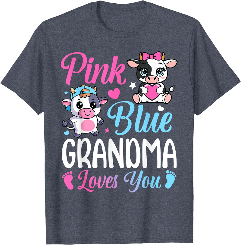 Cow Baby Shower Announcement Family Matching Tees Pink Or Blue Grandma Loves You Cow Gender Reveal Family T-Shirt - Heather