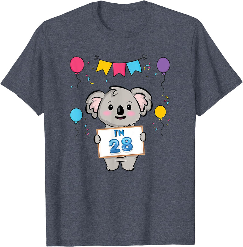 28th Koala Bear Birthday Party TShirt Co. I'm 28 Cute Koala Holding 28 Years Old 28th Birthday Outfit T-Shirt - Heather Blue