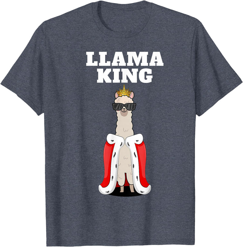 Mens Llama Shirts for Boys Llama King | Boys Llama Tshirt | Mens Llama T-Shirt, Black - Heather Blue