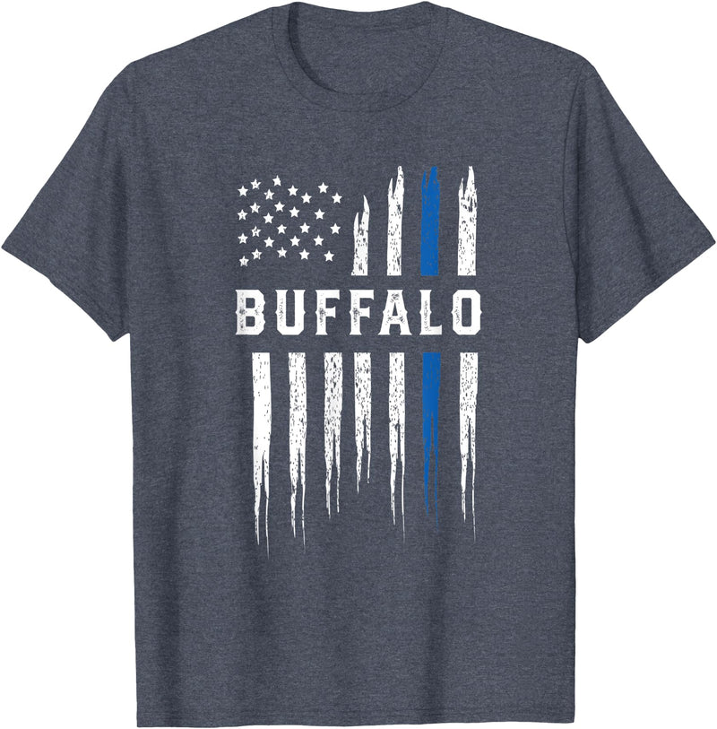 NYC Policeman American Flag Policewoman Thin Blue Line Heart Buffalo Police Officer New York Cops T-Shirt - Heather Blue