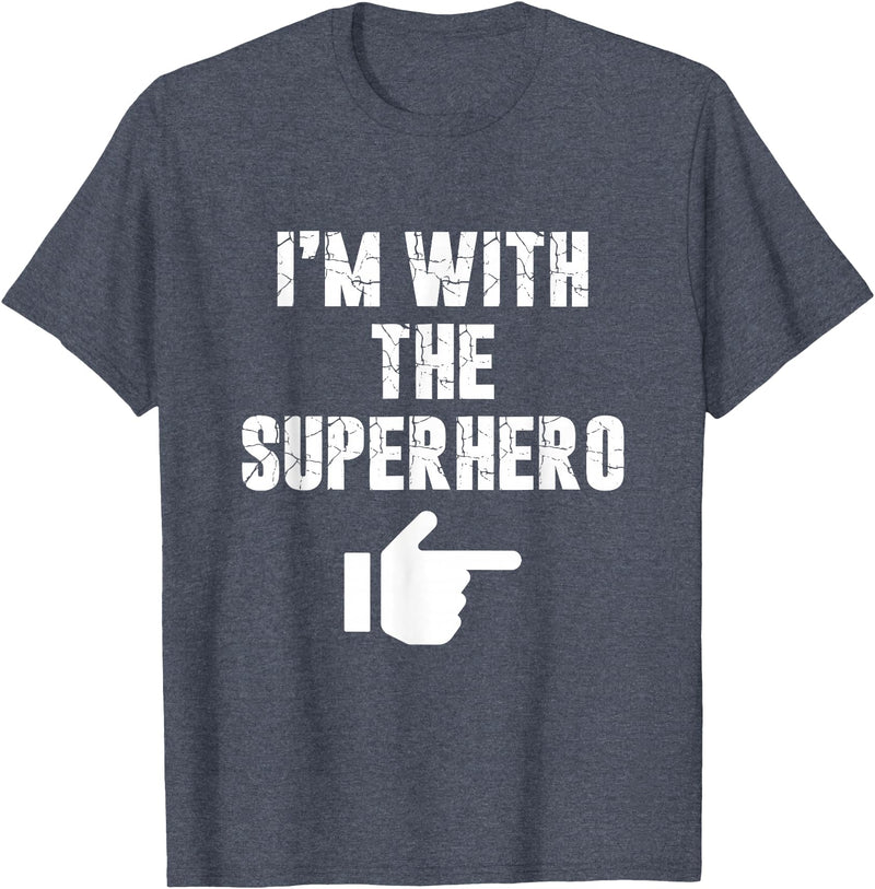 Halloween Mega Warehouse I'm with the Superhero Fun Easy Playful Halloween Costume T-Shirt - Heather Blue