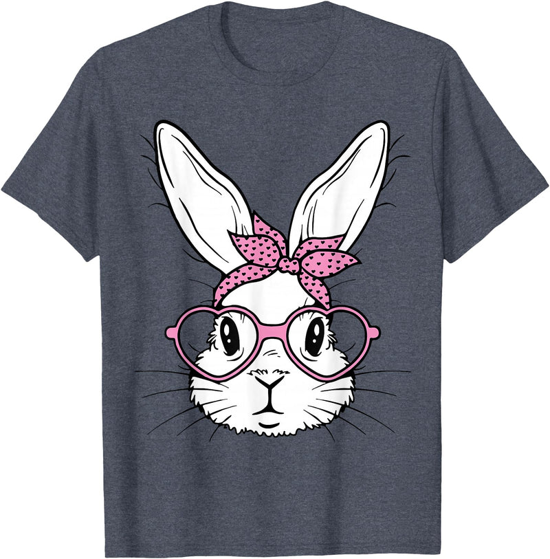 Cute Bunny Rabbit Face with Bandana Heart Glasses Easter Day T-Shirt in Heather Blue