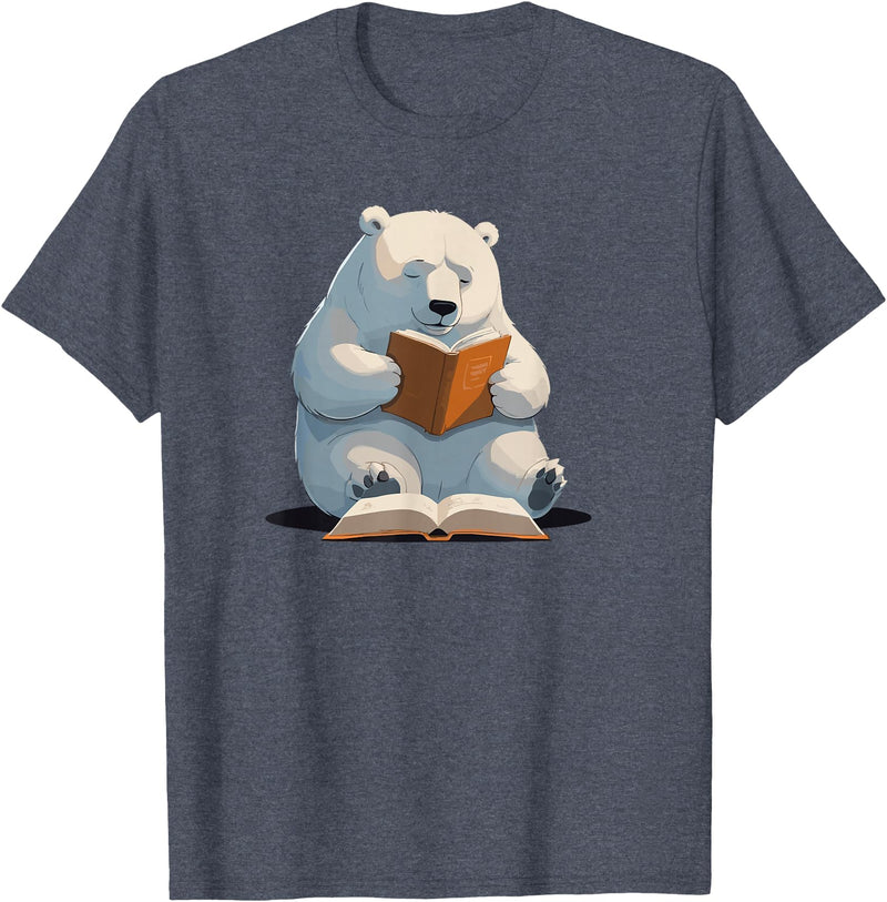 Book Lovers Polar Bear reading Books Cute Polar Bear is reading a Book, Reading Polar Bear T-Shirt - Heather Blue