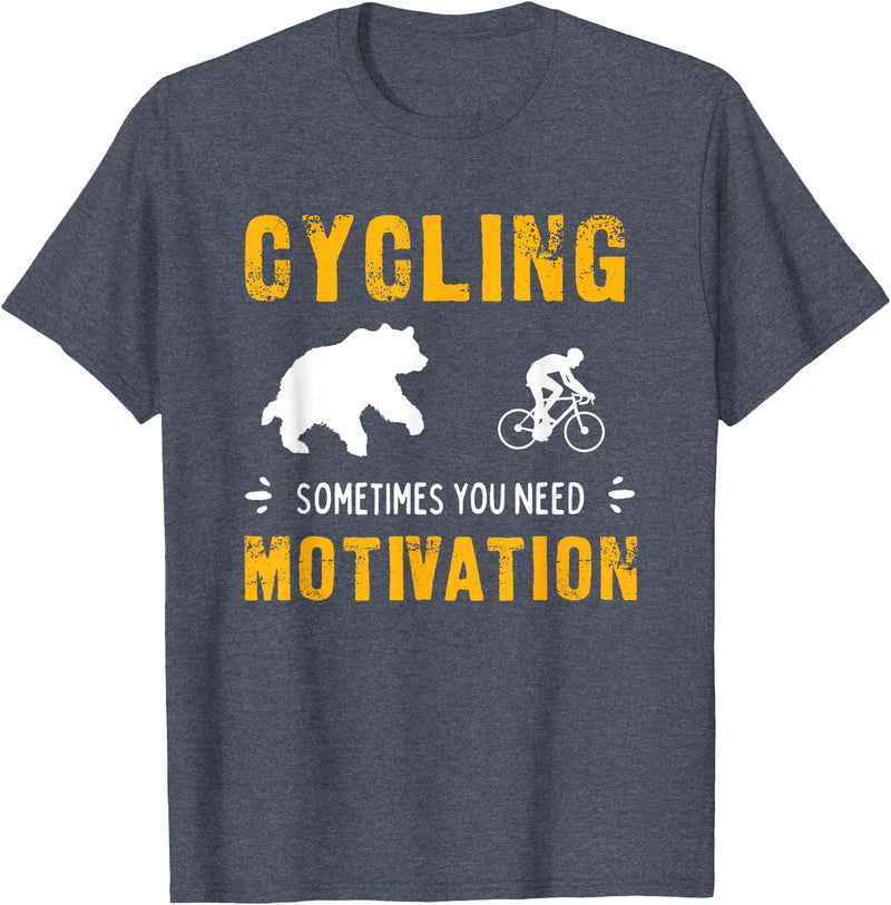 Cycling Needs Motivation - Bear Chasing Cyclist - Funny T-Shirt - Heather Blue