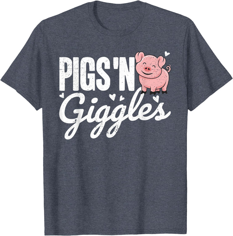 The Cute Pig Farming Apparel Co. Pigs 'n Giggles Funny Farm Pig Farmer Pigs Women Girls T-Shirt - Heather Blue