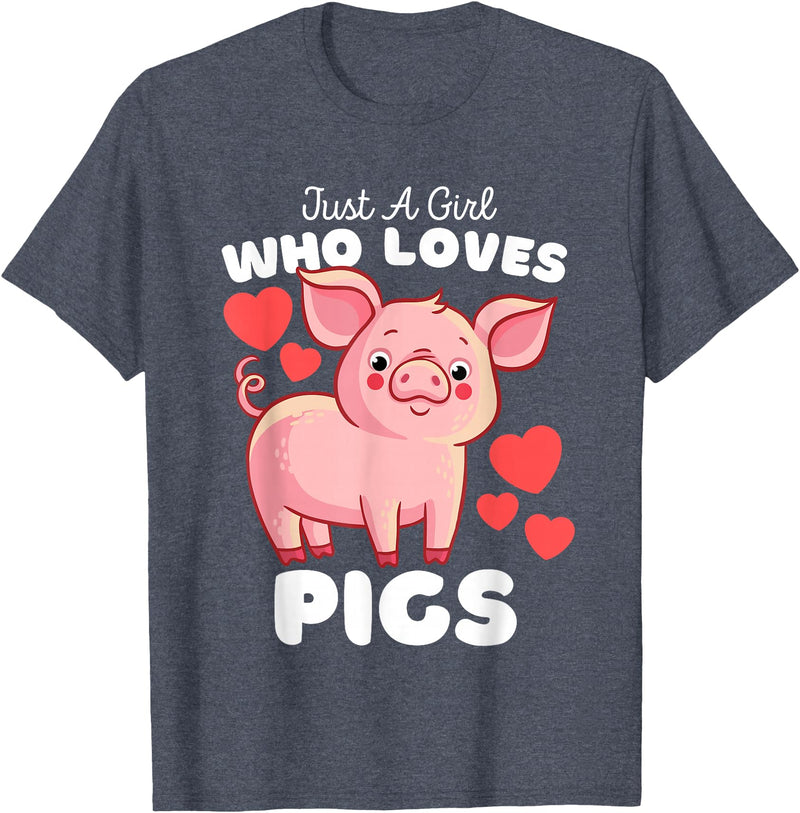 Motion Designs - Farm Animals Just A Girl Who Loves Pigs - Cute Girls Piggy T-Shirt - Heather Blue