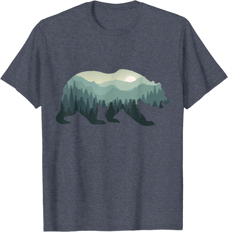 Outdoors Gift Ideas Camping Stuff Men Graphic Tees Misty Forest Bear Silhouette Wildlife Nature Lover T-Shirt - Heather Blue