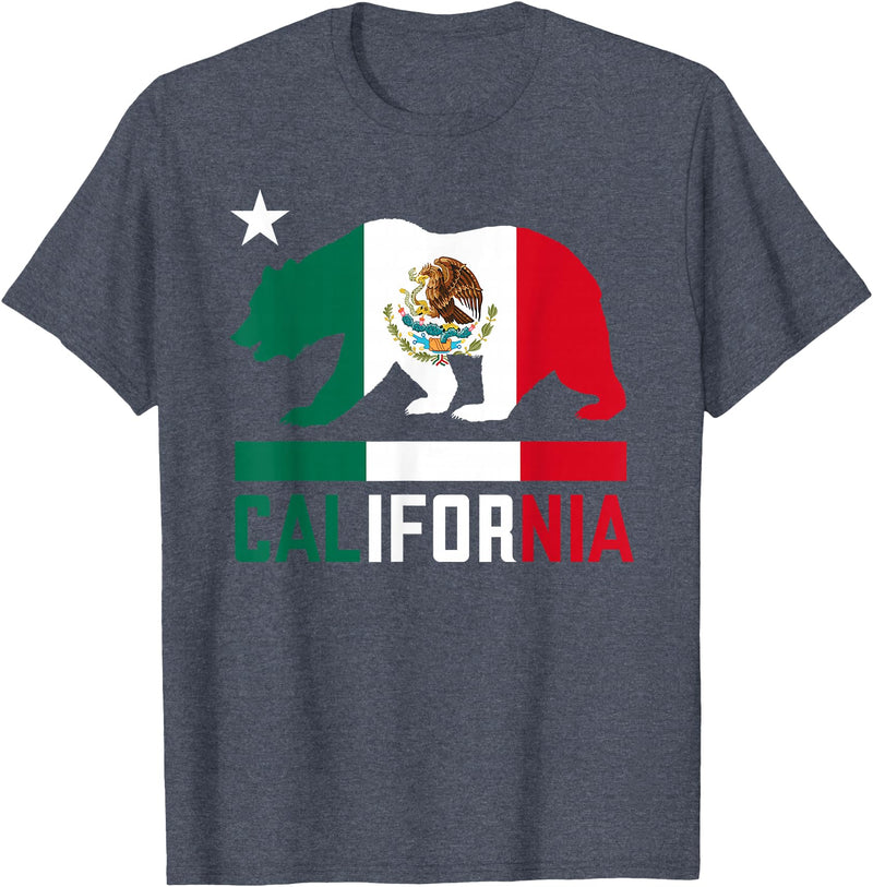 Mexican American US Apparel Co California Bear Mexican Flag State T-Shirt - Heather Blue