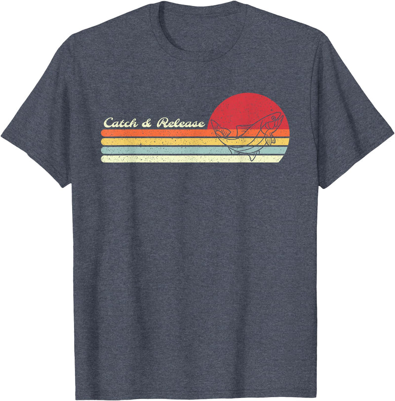 Retro Sunset Brook Trout Salmon Fisherman Designs Angler Catch & Release Trout Fly Fishing Vintage Distressed T-Shirt - Heather Blue