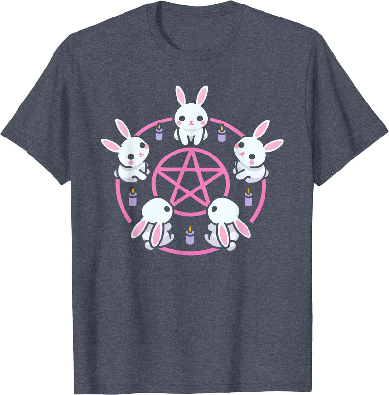 Bunny Rabbit Pentacle Pentagram Pink Pastel Goth Dark Humor T-Shirt in Heather Blue