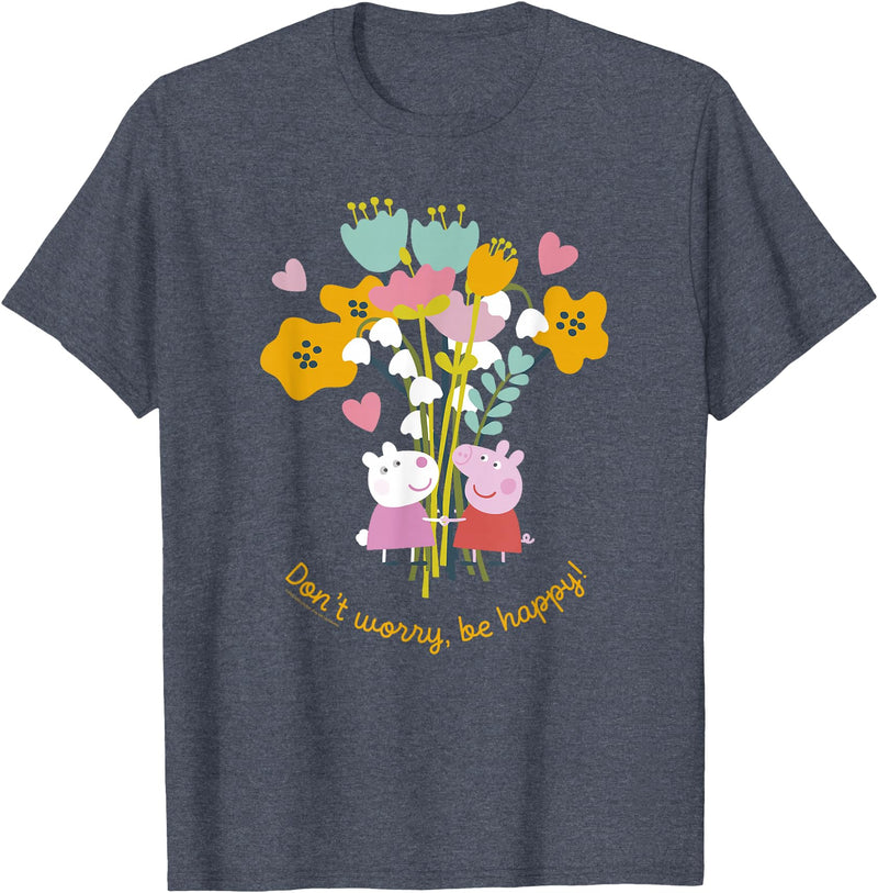 Peppa Pig Don't Worry Be Happy Floral Logo T-Shirt - Heather Blue