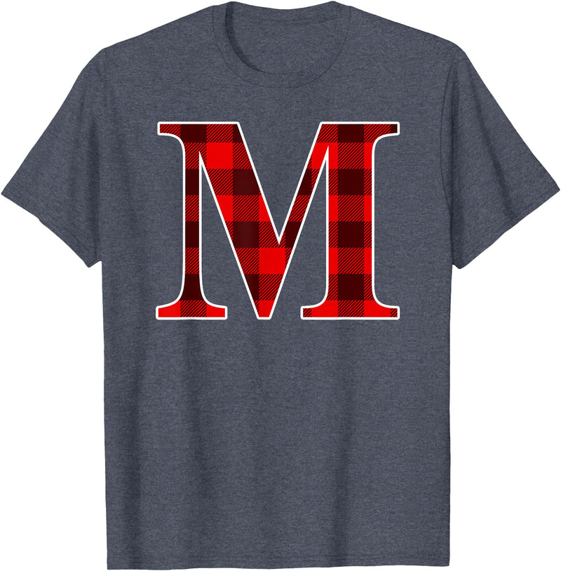 Buffalo Plaid Forever Buffalo Plaid Monogram Letter M Matching Holiday T-Shirt - Heather Blue