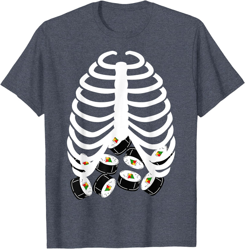 Halloween Sushi Costumes Co. Halloween Adult Youth Kids Costume Rib Cage Skeleton Sushi T-Shirt - Heather Blue