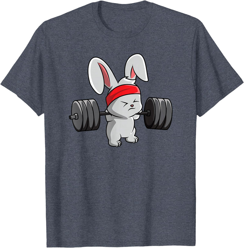 Bunny Gym , Rabbit Fitness Weightlifting T-Shirt in Heather Blue