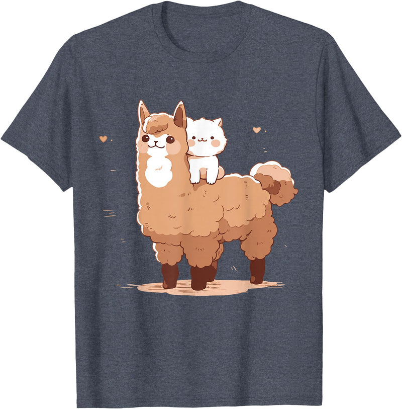 Funny Llama Alpaca Animal Lover Gifts Clothing Llama Alpaca Cat T-Shirt - Heather Blue