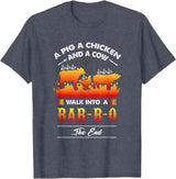 anti vegan shirt I funny bbq bacon fans A Pig, A Chicken, And A Cow Walk Into A Barbecue Bar-B-Q T-Shirt - Heather Blue