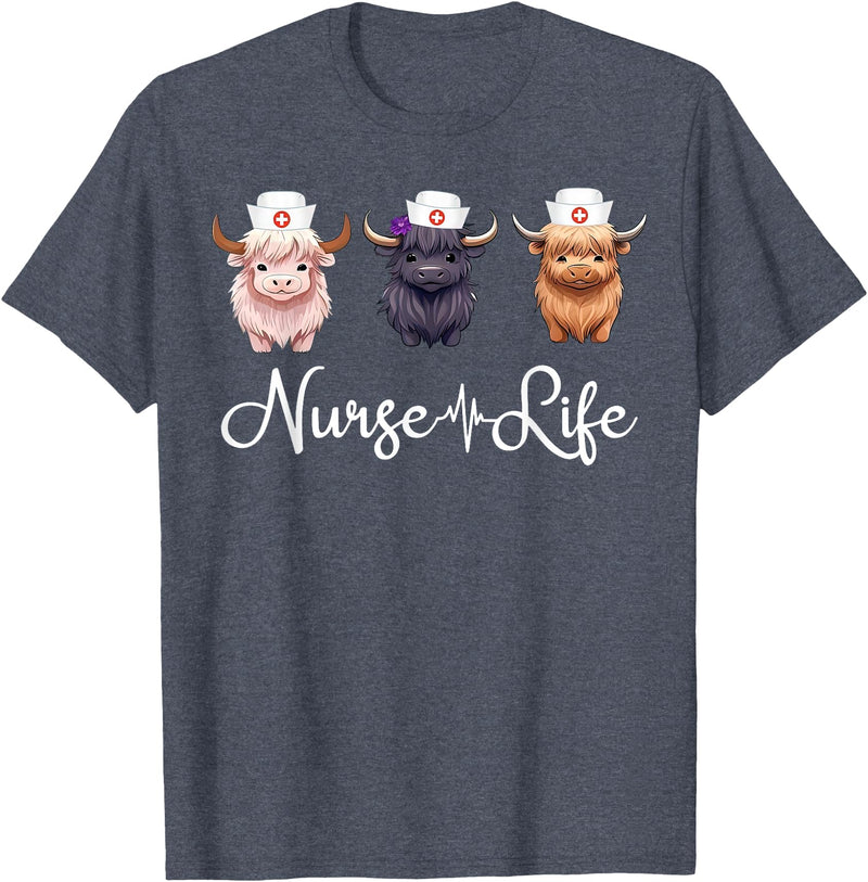 Highland Cow Nurse Life Costume Cute Highland Cow Nurse Life Farm Animal Lover Nursing T-Shirt - Heather Blue