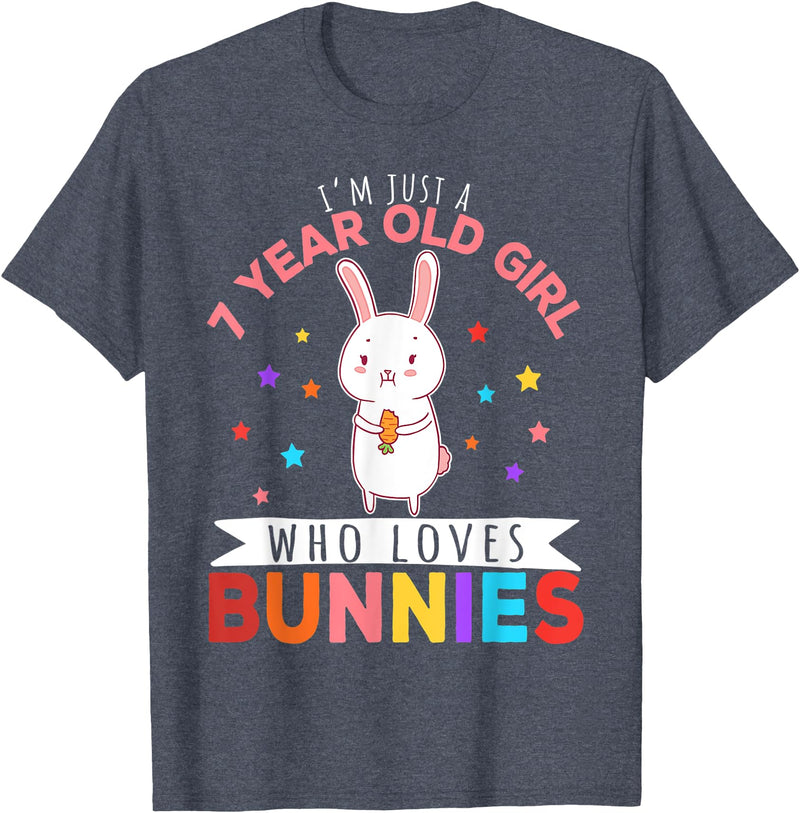 I'm Just a 7 Year Old Girl Who Loves Bunny Rabbit Girl T-Shirt in Heather Blue