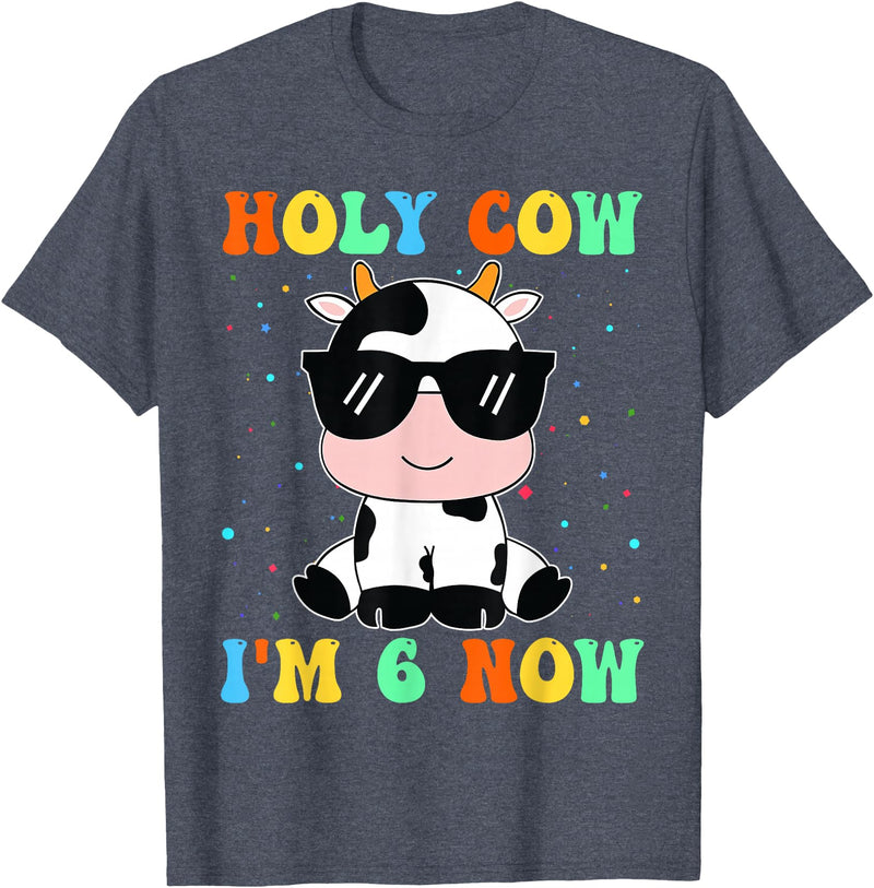 Holy Cow I'm Two 6 6th Birthday Boy Girl Kids Holy Cow I'm Two 6 Years Old 6th Birthday Boy Girl T-Shirt - Heather Blue