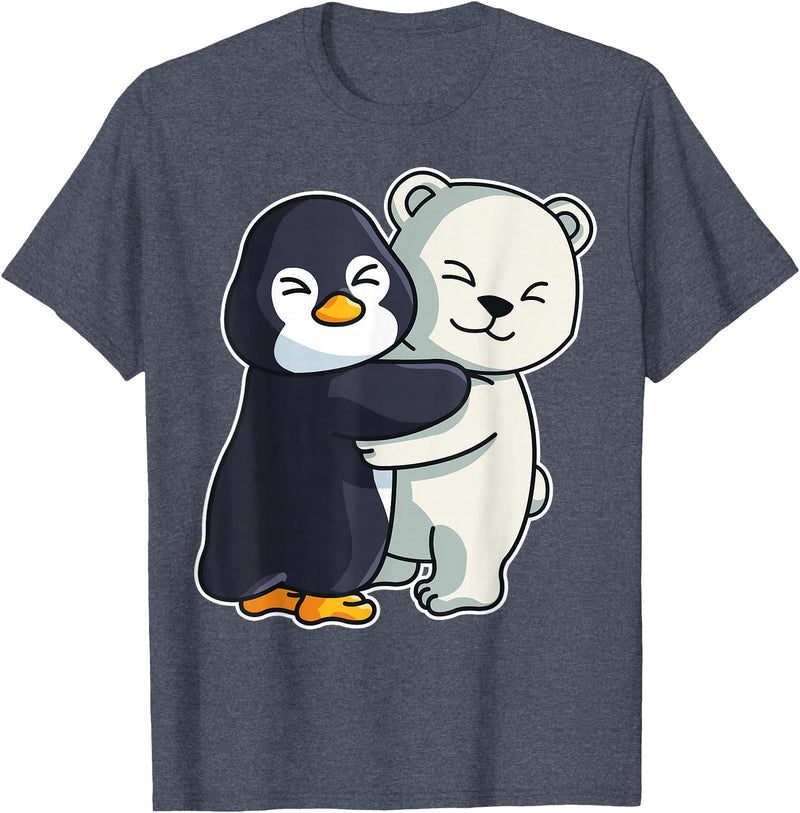 Penguin and Polar Bear Hug Arctic Animal Polar Bear and Penguin Cute North Pole Animals Hugging T-Shirt - Heather Blue