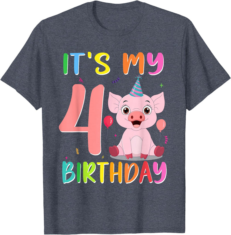 Pig Lover Shirt Farm Birthday Boy Girl Gift It’s My 4th Birthday Pig for Pig Lover 4 Year Old T-Shirt - Heather Blue