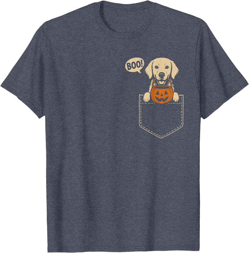 Halloween Dogs in Pockets Clothing & Co. Funny Golden Retriever Halloween Golden Dog Cute Pocket Boo T-Shirt - Heather Blue