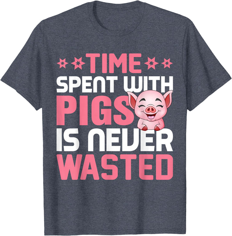 Funny Pig Farm Piggy Farmer Farming Gifts DAIMMER Time Spent With Pigs Is Never Wasted T-Shirt - Heather Blue