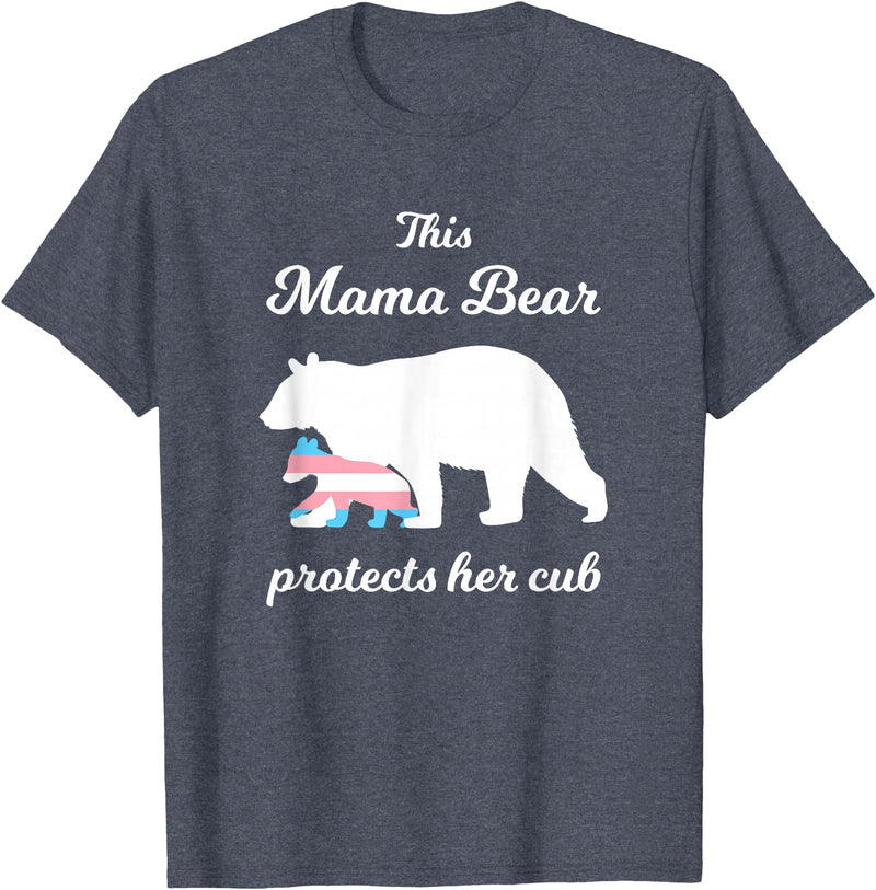 Transgender Child Mama Bear LGBT Mama Bear Protects Her Cub Transgender LGBT Trans Pride T-Shirt - Heather Blue
