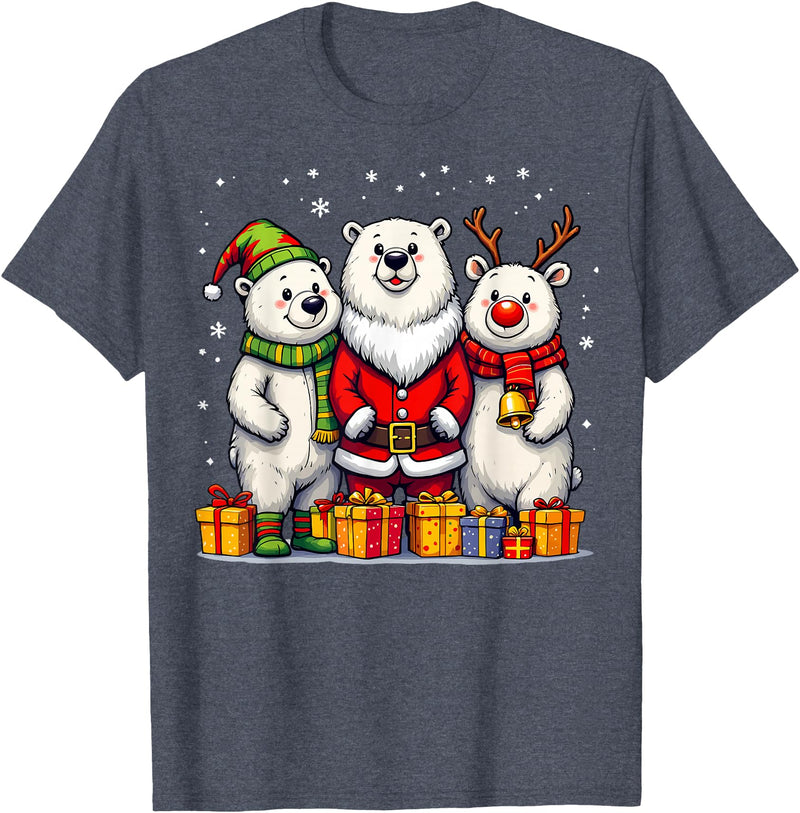 Christmas Polar Bear Santa Elf Reindeer Holiday Cute Christmas Polar Bears in Santa Elf and Reindeer Costume T-Shirt - Heather Blue