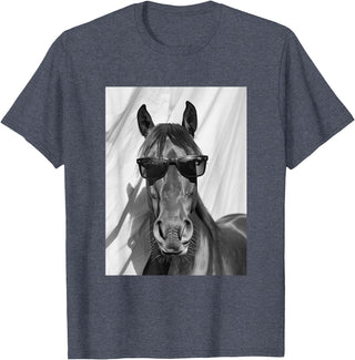 Funny Animal Photography Clothing Co. Cute Horse with Sunglasses Farm Animal Photo Booth T-Shirt - Heather Blue