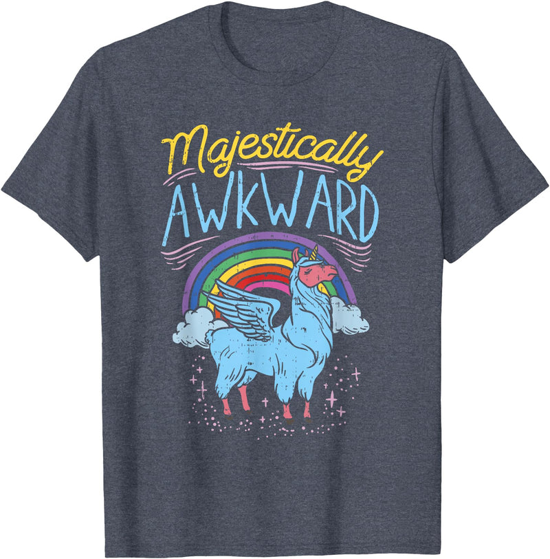 Llama Queen Birthday Party Gift Majestically Awkward Funny Llamacorn Llama Unicorn Rainbow T-Shirt - Heather Blue