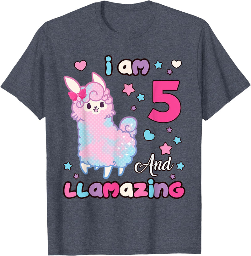 Llamazing Birthday Girl Llama Family BW Art Llama I Am Five and Llamazing 5 Years Old 5th Birthday Girl T-Shirt - Heather Blue
