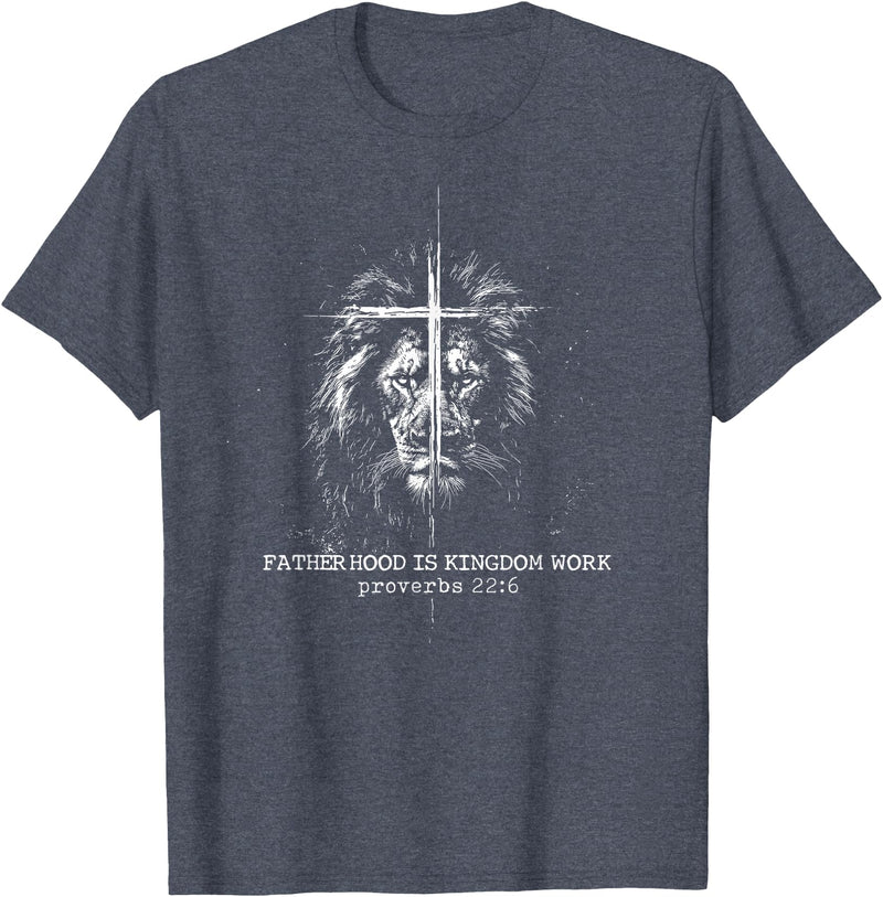 Retro Faith Based Lion Cross Father Day tee Fatherhood is Kingdom Work Retro Faith Based Lion Cross T-Shirt - Heather Blue