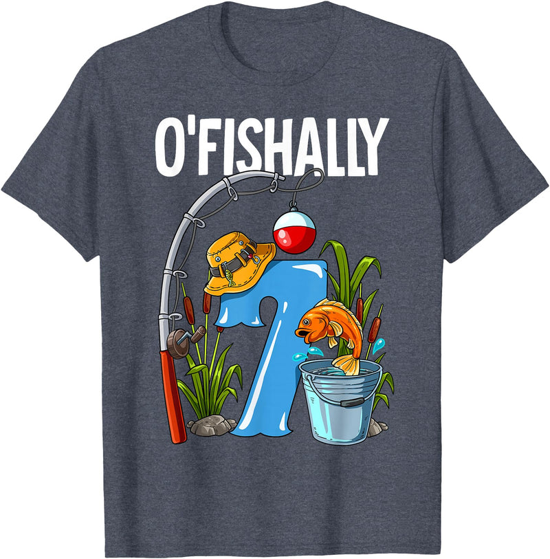 Fishing Theme Birthday Gifts O'fishally 7 Years Old 7th Birthday Fishing T-Shirt - Heather Blue