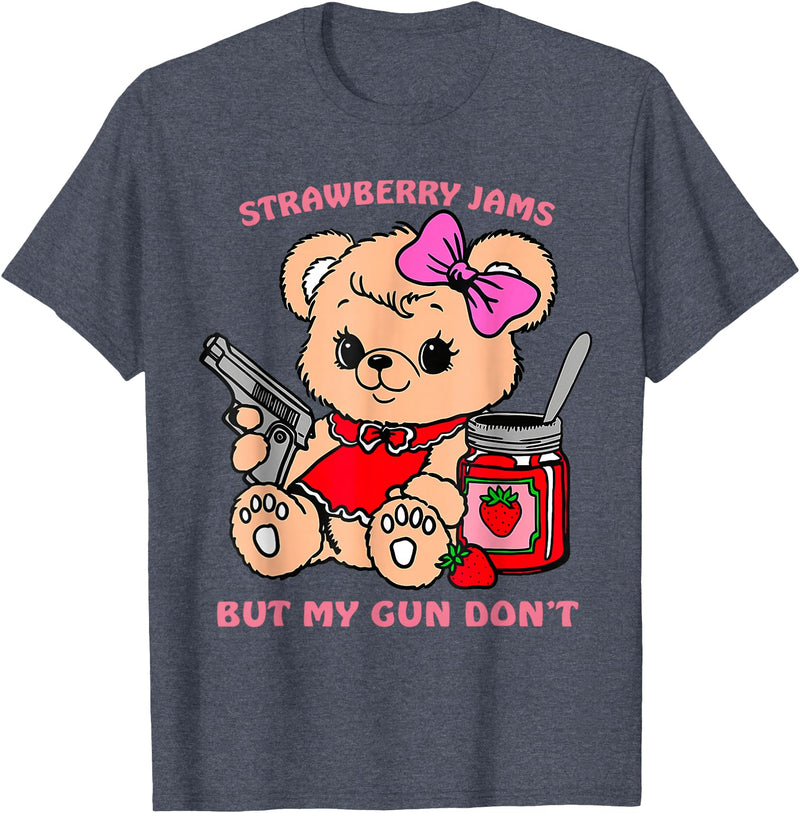 Strawberry Jams But My Gun Don't Funny Teddy Bear T-Shirt - Heather Blue
