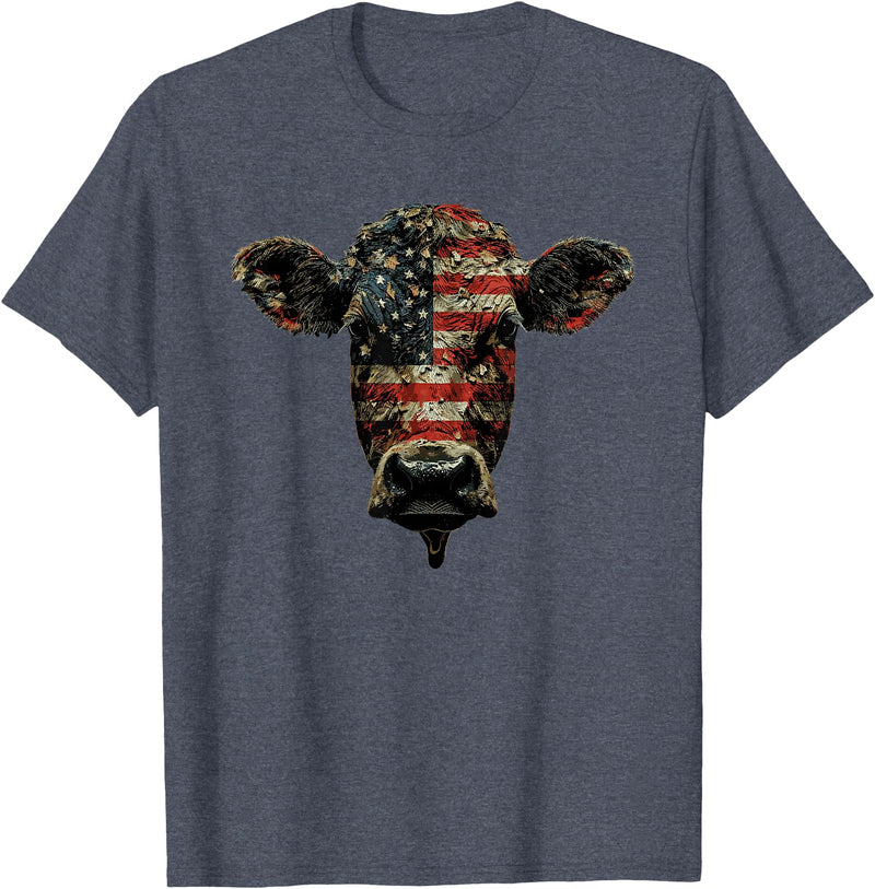4th Of July Cow Farm Outfits For Men Cow Farm Patriotic Farmer 4th Of July USA American Flag T-Shirt - Heather Blue