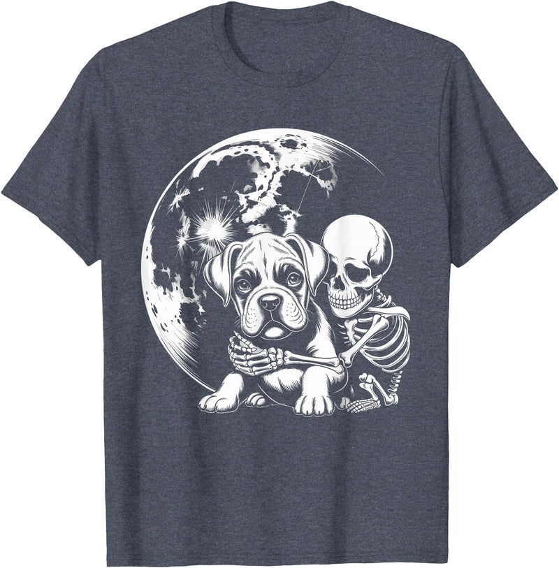 Cute Skeleton Boxer Dog Halloween Women Men Skeleton Hugging Dog Halloween Boxer Lover Mom Dad T-Shirt - Heather Blue
