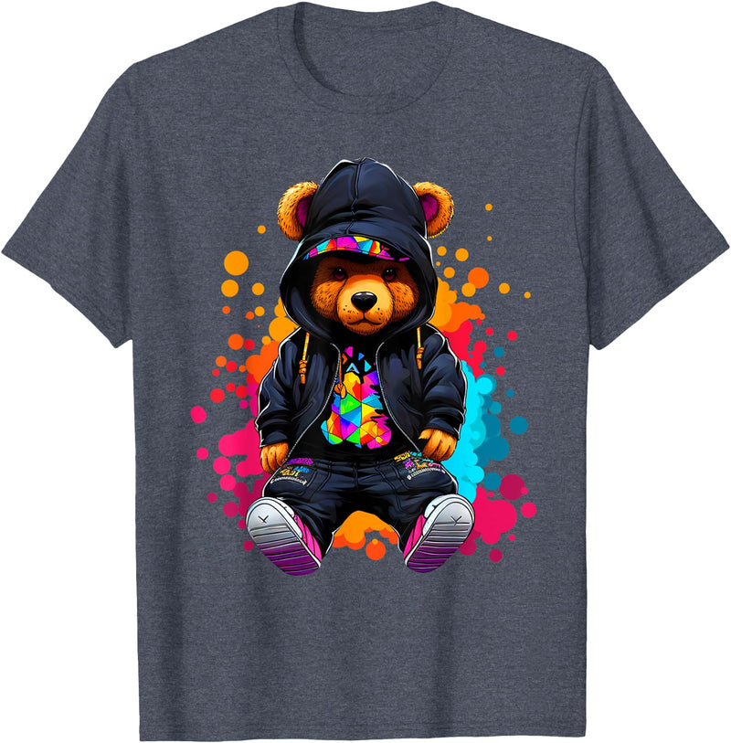 Hip Hop Teddy Bear Aesthetic Wear Co. Hip Hop Bear Colorful Teddy Bear With Hoodie Baseball Cap T-Shirt - Heather Blue