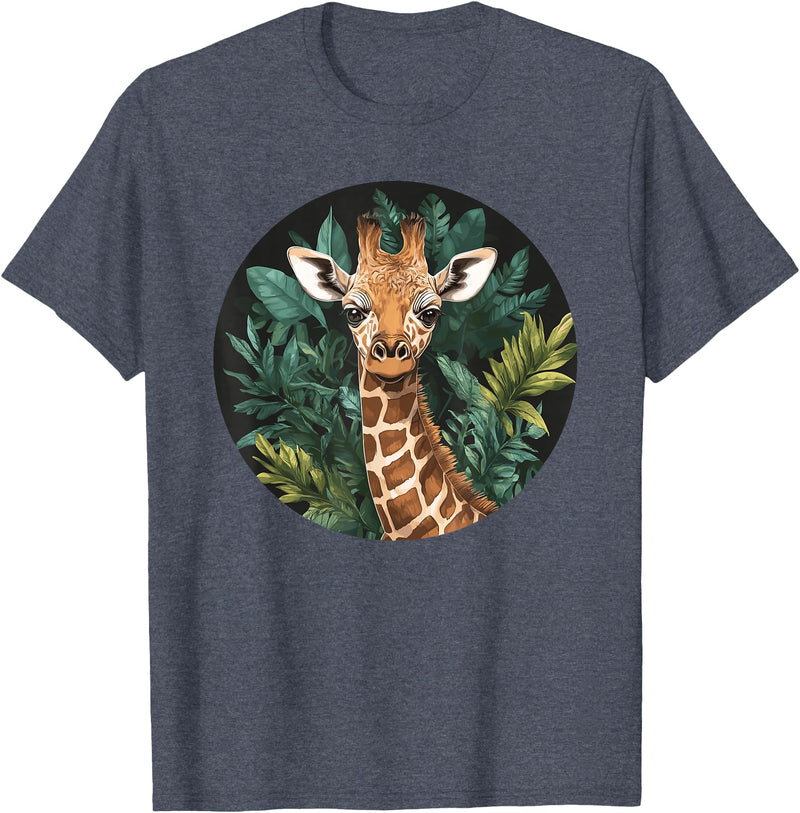 Nature Wildlife Giraffe Safari Jungle Giraffe With Tropical Jungle Leaves T-Shirt - Heather Blue