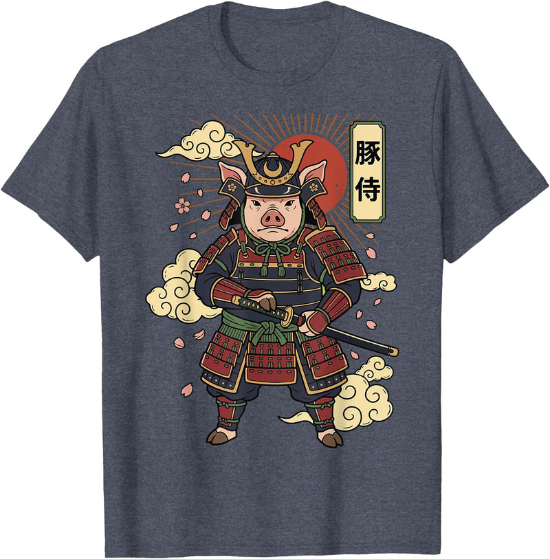 Samurai Pig Anime Japan Pig Samurai Japanese Warrior T-Shirt - Heather Blue