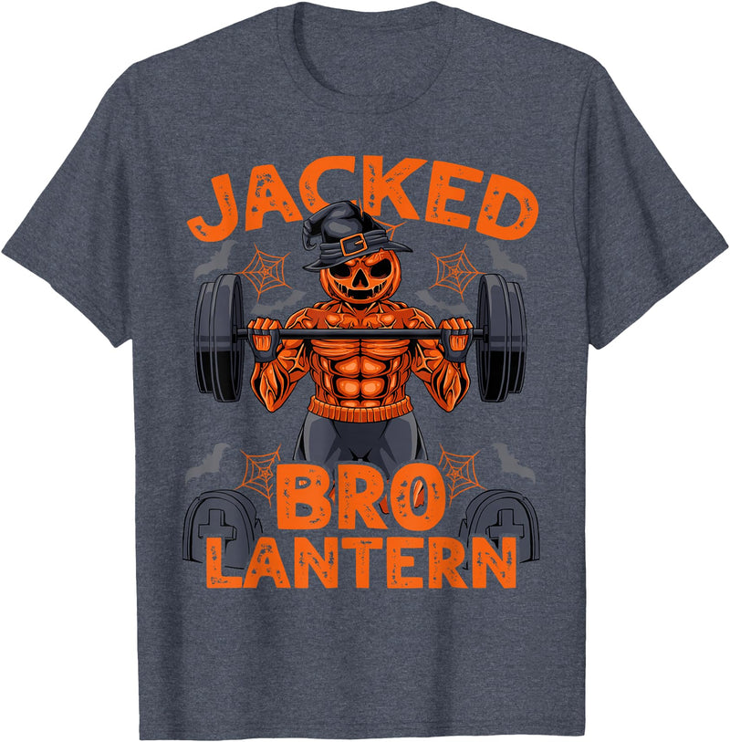 Halloween Muscle BodybuildIng Jack O'Lantern Jacked Bro Lantern Halloween Pumpkin Weightlifting Gym Men T-Shirt - Heather