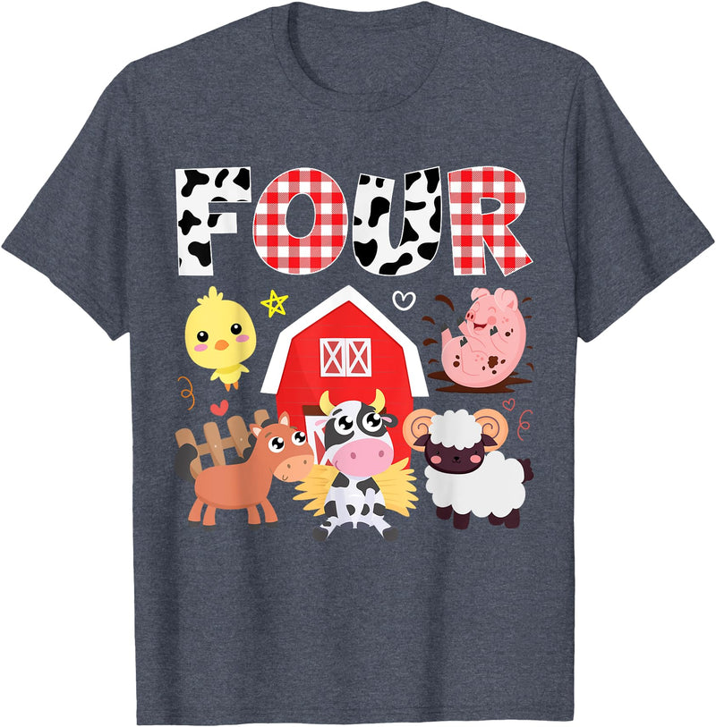 Farm Animals Cow Themed Birthday Party Family Tees 4th Birthday Four Year Old Farm Theme Animals Birthday Party T-Shirt -