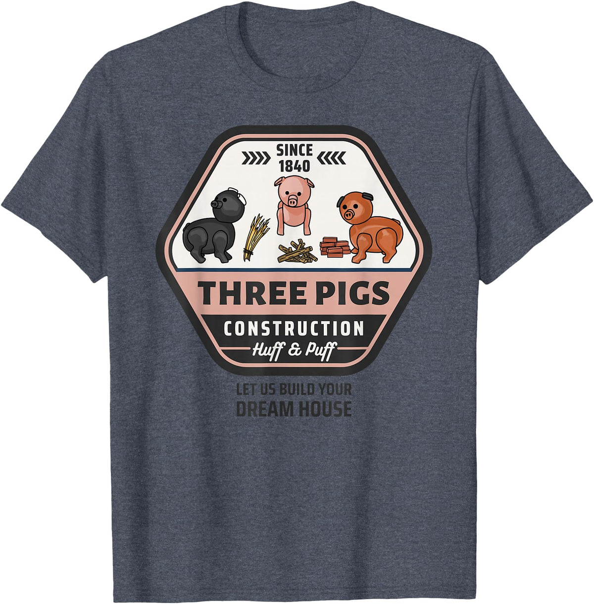 Slightly Unhinged Heather Three Pigs Construction Co. Logo T-Shirt - Heather Blue