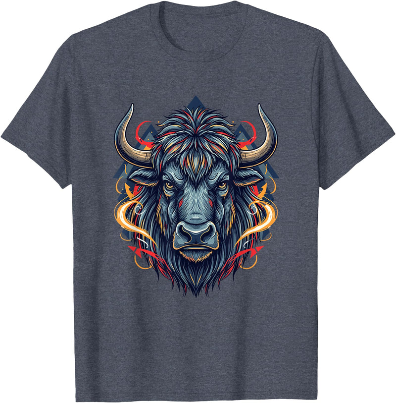 Wild Buffalo Bison Tribal Western Spirit Fierce Wild Bison Head Tribal Geometric Buffalo T-Shirt - Heather Blue