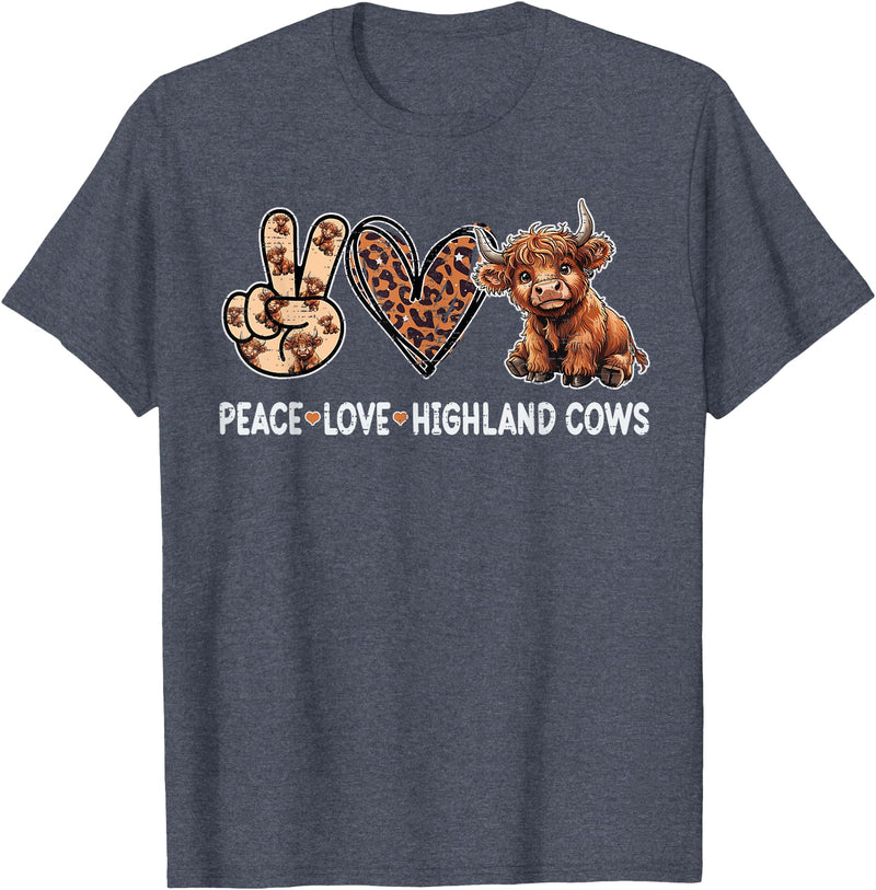 Highland Cow shirts for Girls Women Kids Peace Love Highland Cows Funny Beef Farmer Farm Cow Lover T-Shirt - Heather Blue