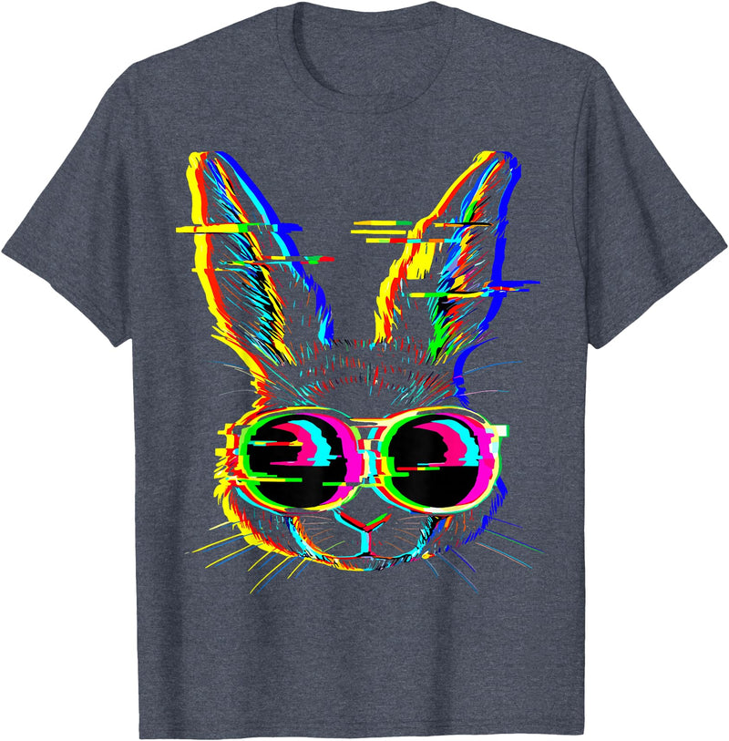 Trippy Rabbit Vibrant Glitch Effects Vaporwave EDM Lover T-Shirt in Heather Blue