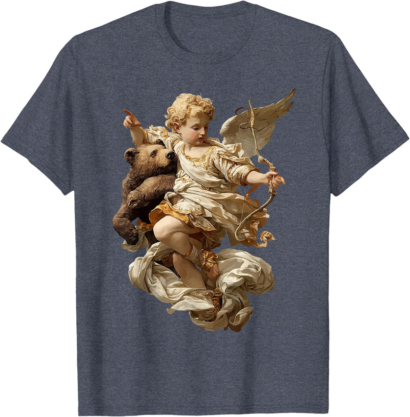Vintage Angel Aesthetic Classical Art Cute Cherub Angel with Bear Baroque Renaissance Aesthetic T-Shirt - Heather Blue