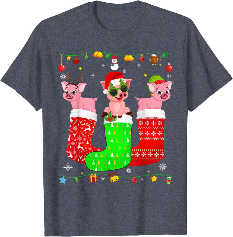 Christmas Pajama Top Matching Outfit Co Three Pig In Christmas Socks Matching Xmas Pajama T-Shirt - Heather Blue